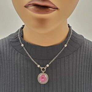 Pink Snap Rhinestone Charm Faux Pearl Pendant Necklace